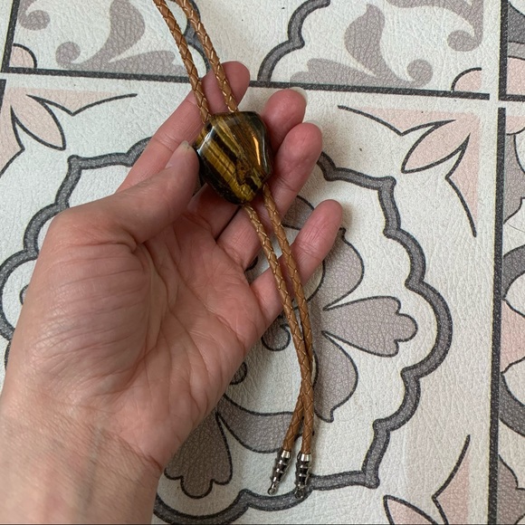 Bolo tie tan brown stone braided leather cord 70s - Picture 6 of 7